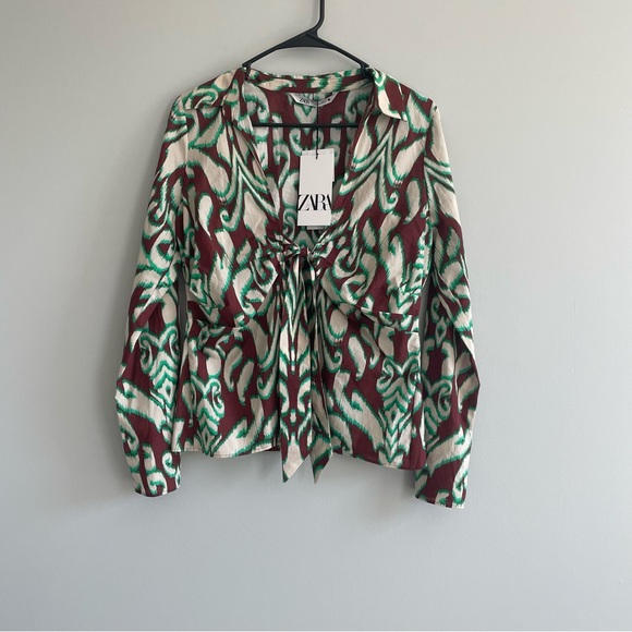 Zara The Selena Blouse Bohemian Print Bell Sleeve Tie Front Blouse Size M NWT - Picture 1 of 8
